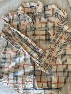 L.L. Bean Cream Plaid Button-Down Shirt with Red and Blue Stripes